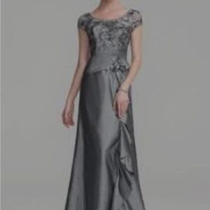 Cap-Sleeve Grey Embroidered Maxi Dress
